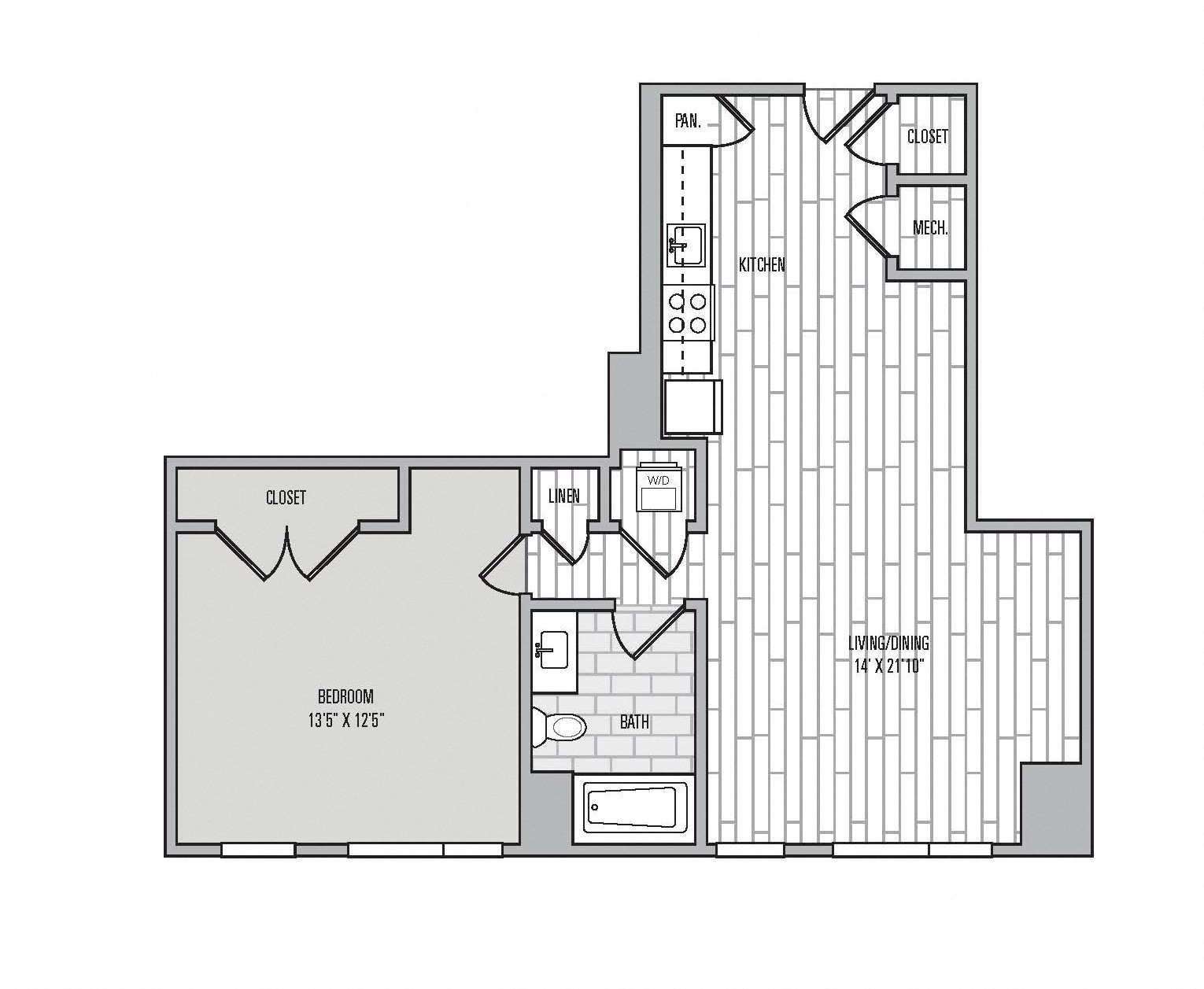 Floor plan for 1 bed, 1 bath, 709 sqft